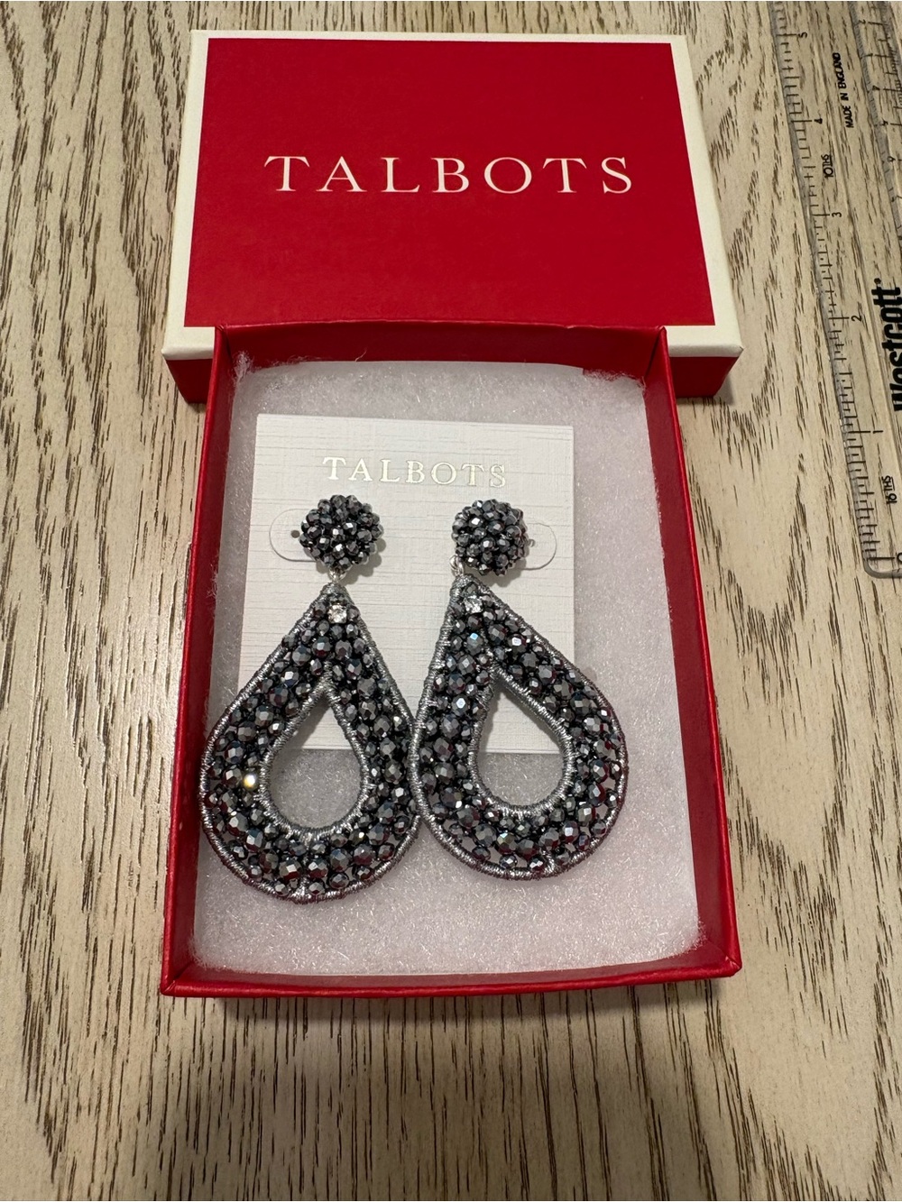 Talbots Gunmetal Crystal Teardrop Statement Earrings